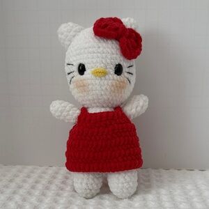 Handmade Crochet Hello Kitty, 7inch, Red Bow Plush Toy.
